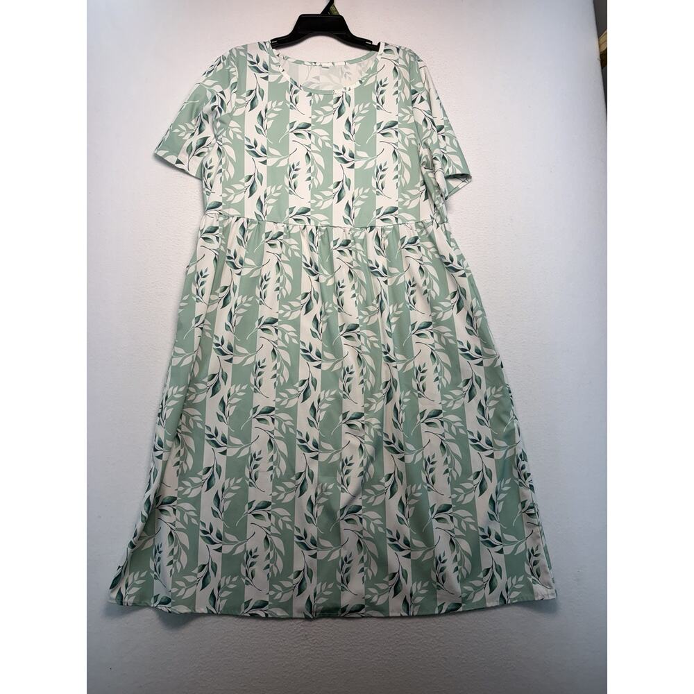 Green Leaf Print Short Sleeve Midi Dress Woman’s XL Pockets Peasant Feminine